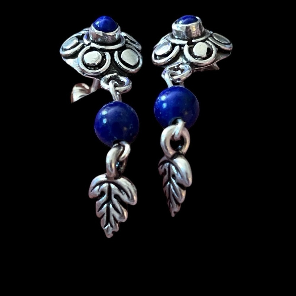 Vintage Dark Lapis Lazuli with Leaves 925 Post Dangle Earrings